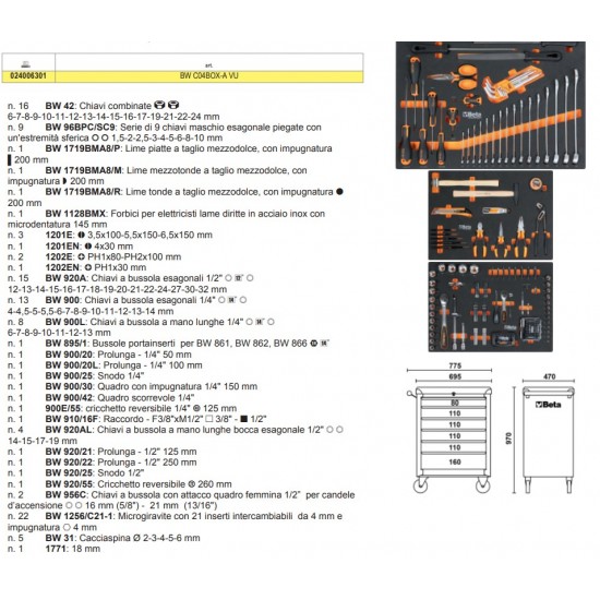 Cassettiera mobile Beta 6 cassetti e assortimento di 196 utensili universali BW C04BOX-A VU