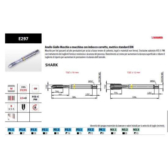 Maschio DORMER per acciai Yellow Shark M10 F.P.